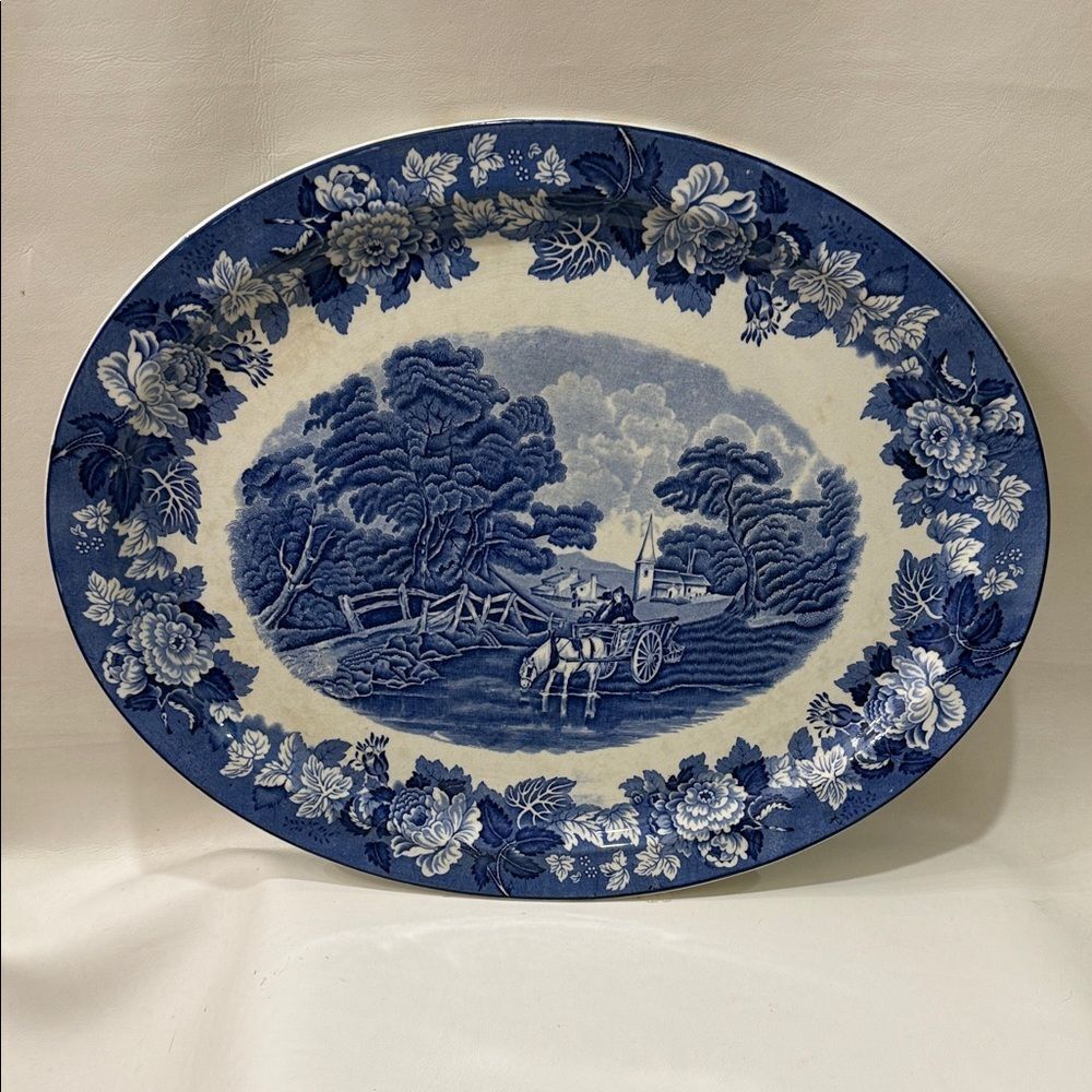 Woods Ware England Blue Scenic Transferware Vintage Floral Oval Serving Platter